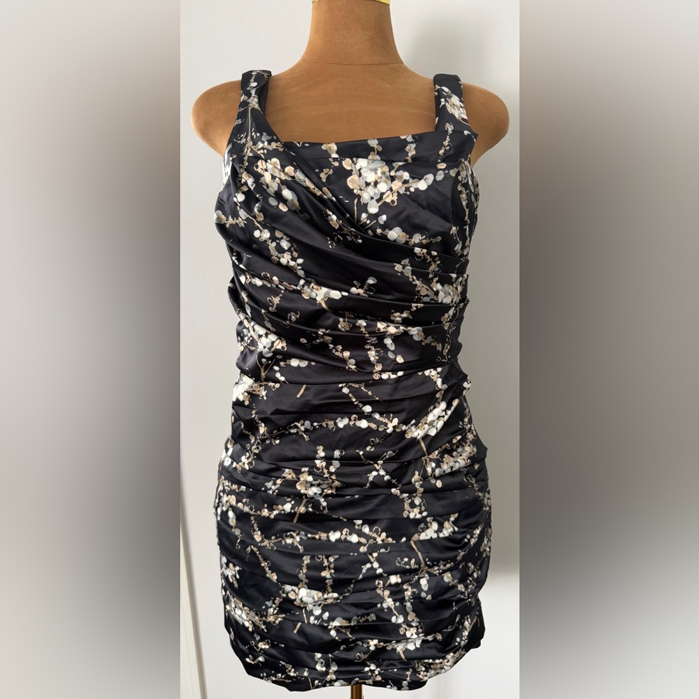 NWT Express Ruched Satin Stretchy Bodycon Black Floral Dress 12 L XL Y2K